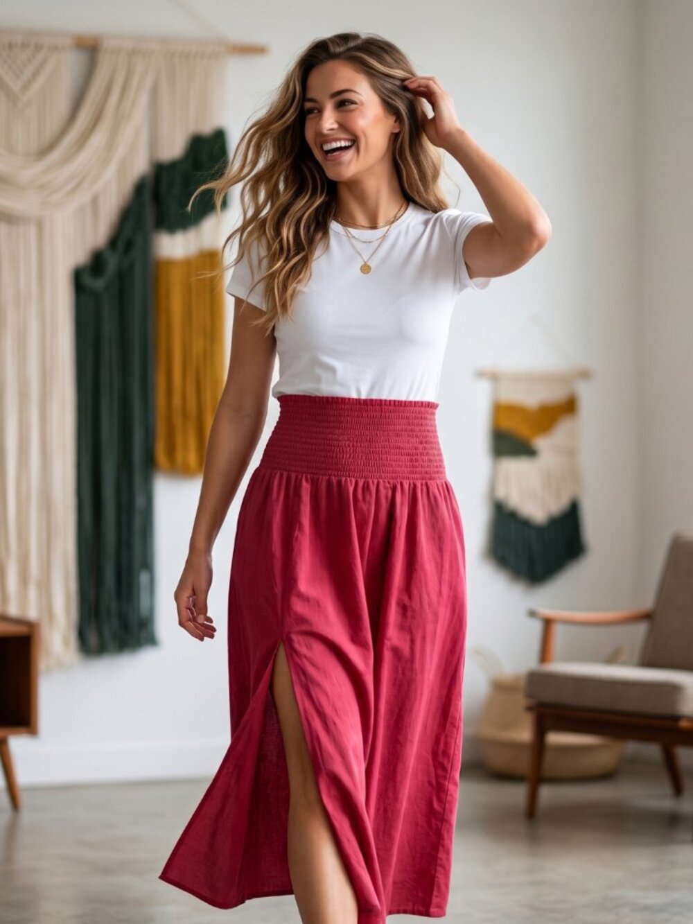 Wild Fable Red Smocked High Waist Maxi Skirt Slit XXS Boho